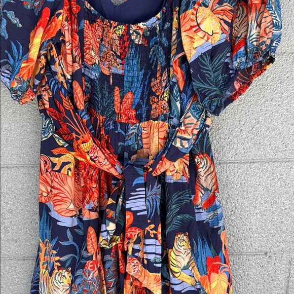 Anthropologie Orange and Blue Wrap Sundress with Dolman Sleeves - Picture 3 of 4